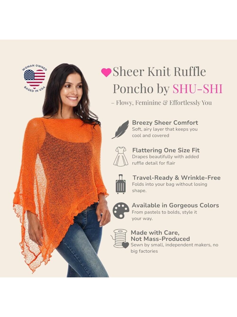 〽️Womens Bright Orange Sheer  Poncho Shrug Lightweight Asymmetrical Ruffle Wraps
